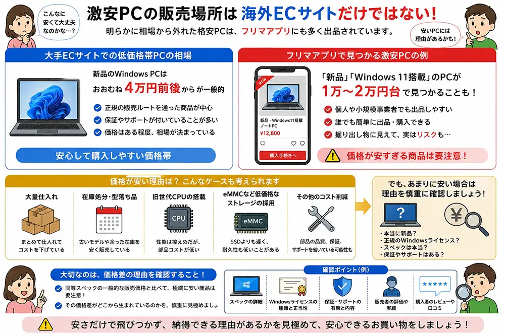 フリマアプリや個人出品でも極端に安いWindows PCが販売されていることへの注意点を解説した図解