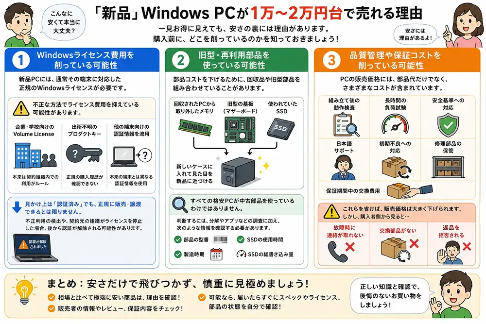 格安Windows PCが安く販売できる理由として、ライセンス費用削減、中古部品利用、保証コスト削減などを解説した図解