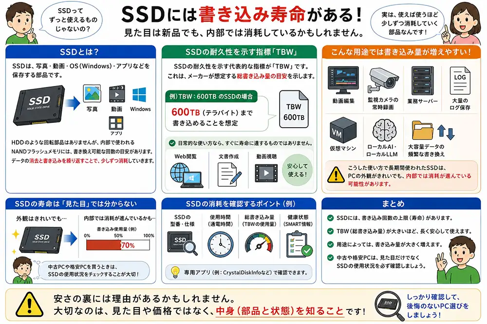 SSDの書き込み寿命とTBWの仕組み、使用時間や総書き込み量の確認が重要であることを解説した図解