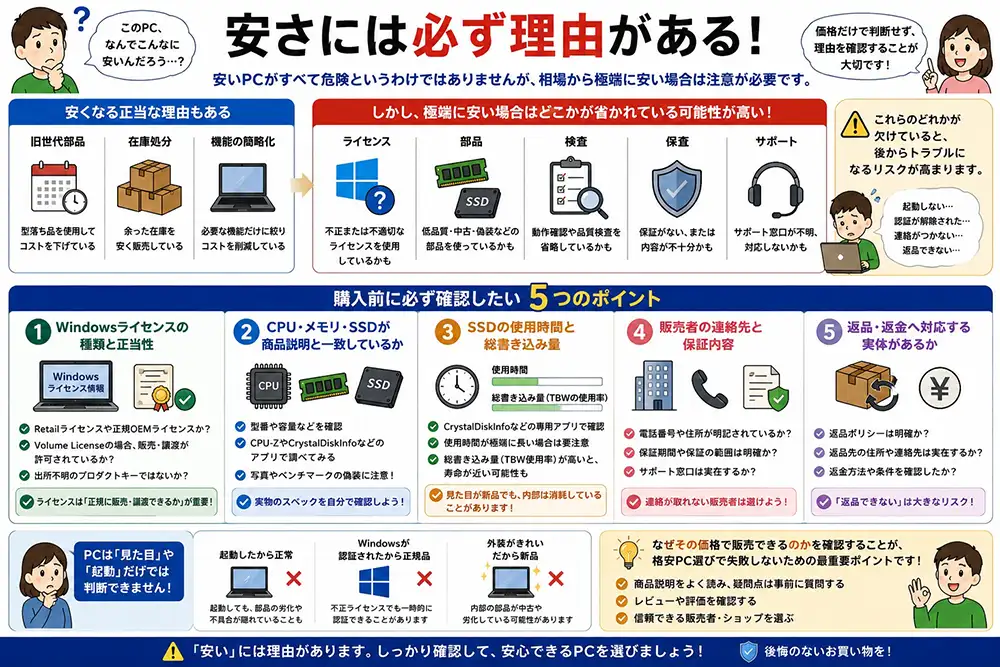 格安PC選びで失敗しないために確認すべき5つのポイントと、安さの裏にあるリスクをまとめた横長図解
