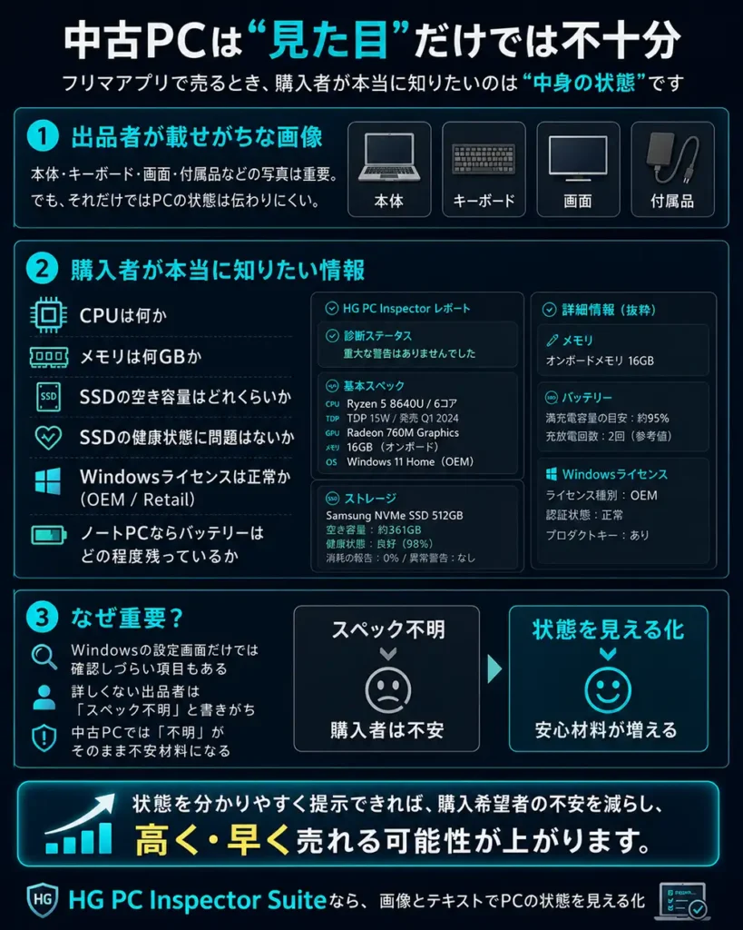 中古PCは見た目だけでは不十分で、CPU・メモリ・SSD・Windowsライセンス・バッテリー情報など中身の状態を確認する重要性を解説した図