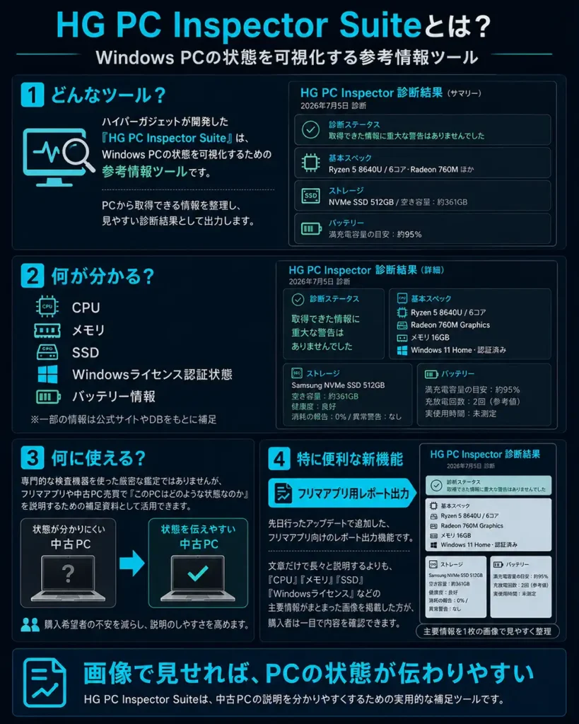 HG PC Inspector Suiteの概要と、CPU・メモリ・SSD・Windowsライセンス認証状態・バッテリー情報を可視化できる機能を紹介する図