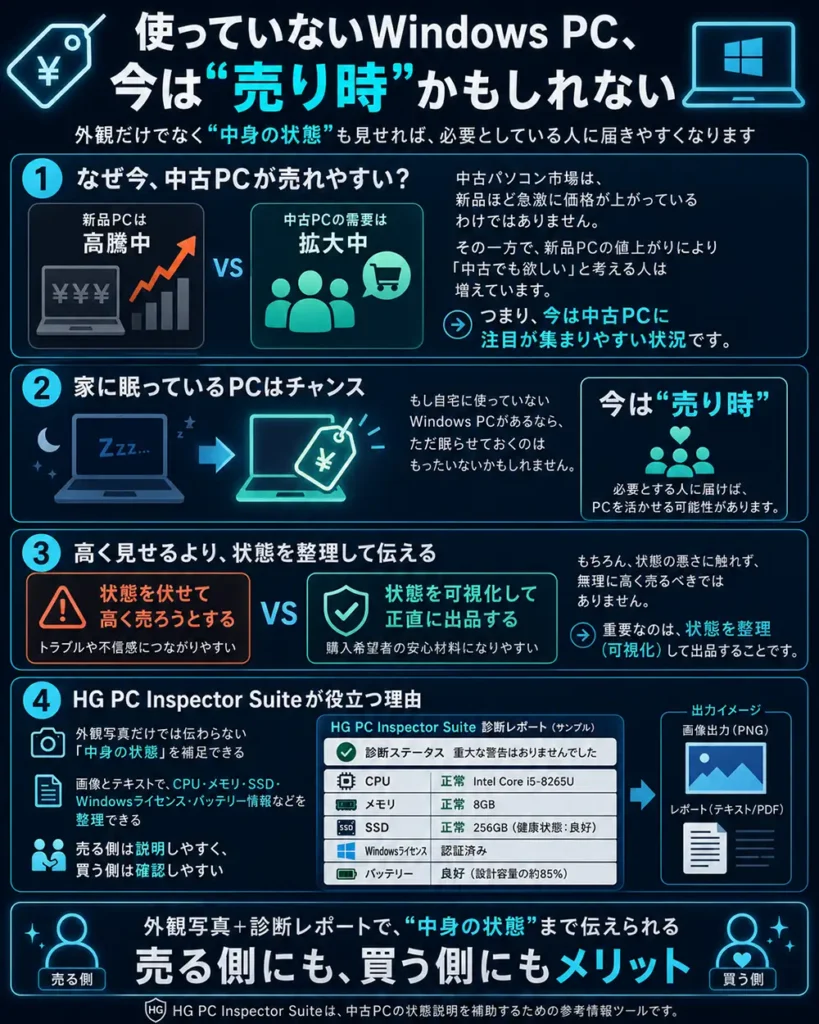 使っていないWindows PCは今が売り時であり、HG PC Inspector Suiteの診断レポートで中身の状態を可視化して出品できることを説明する図