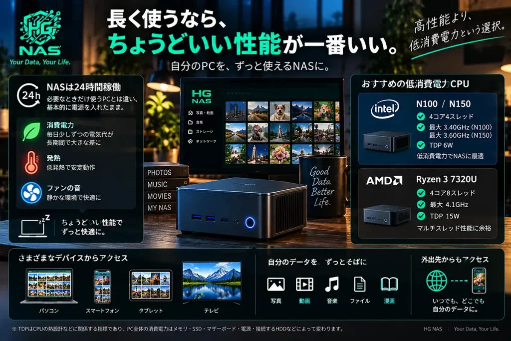 低消費電力のIntel N100やAMD Ryzen 3 7320U搭載PCをHG NASとして24時間運用するイメージ