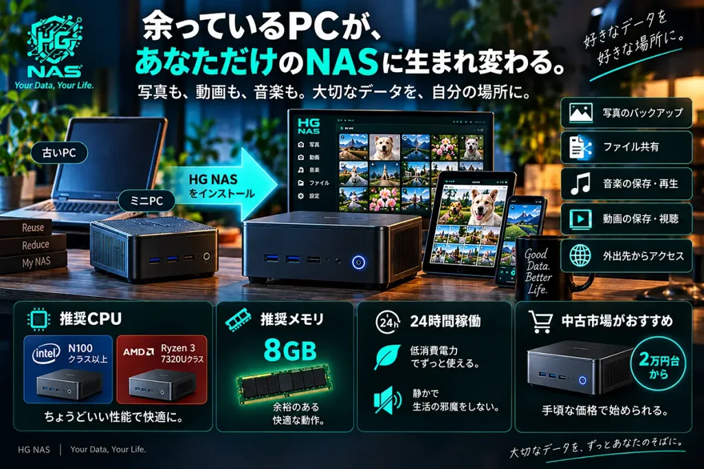余っているPCやミニPCをHG NASとして活用し、写真や動画、音楽などを自分で管理するイメージ