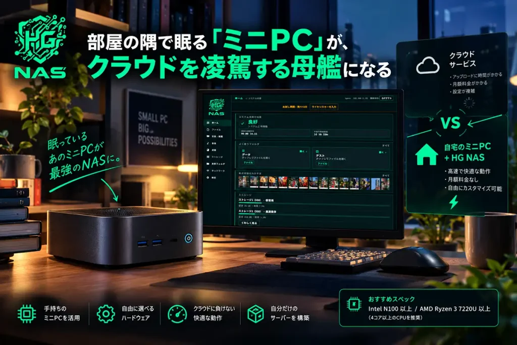 小型ミニPCにHG NASを導入し、クラウドサービスの代わりに自宅で写真やデータを管理するイメージ
