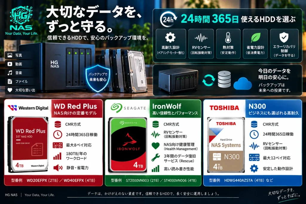 HG NASのバックアップ用HDDとしてWD Red Plus、Seagate IronWolf、Toshiba N300を紹介するイメージ