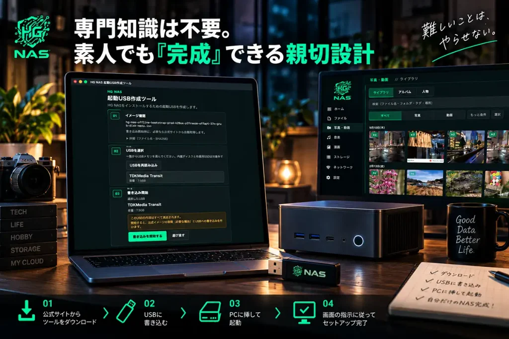 HG NASの起動USB作成ツールを使ってUSBメモリを作成し、PCにインストールしてNASを構築する手順のイメージ