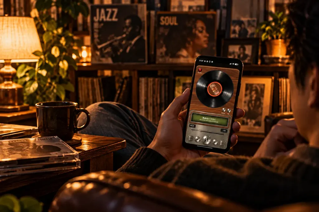 スマホのHG NASレコードモードでJAZZやSOULを楽しむ様子