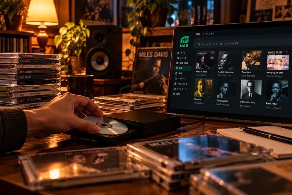 外付けCDドライブを使ってCDの音源をHG NASへ取り込む様子