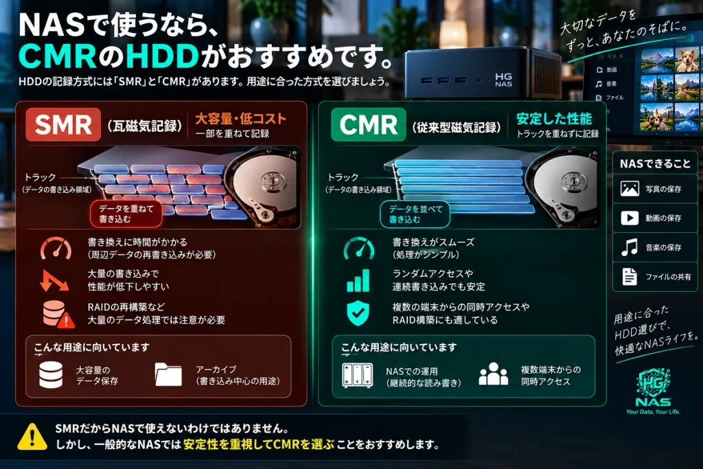 NASで使用するHDDのSMRとCMRの違いを比較し、一般的なNASではCMR方式を推奨するイメージ