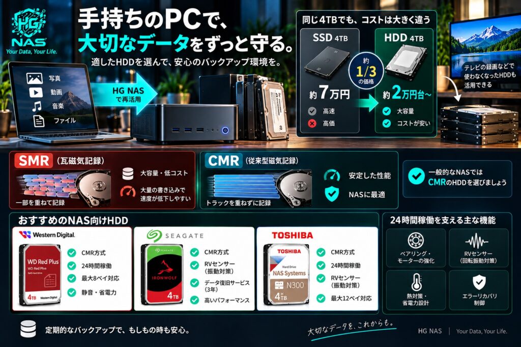 HG NASでPCやHDDを活用し、SMRとCMRの違いやNAS向けHDDの選び方を紹介するイメージ