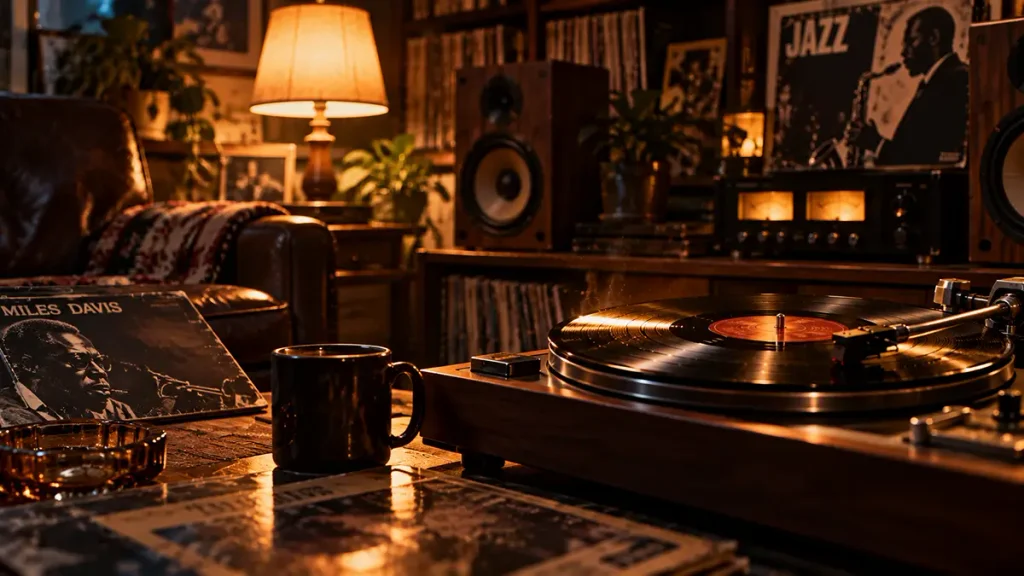 レトロな部屋でレコードを聴きながら音楽を楽しむイメージ