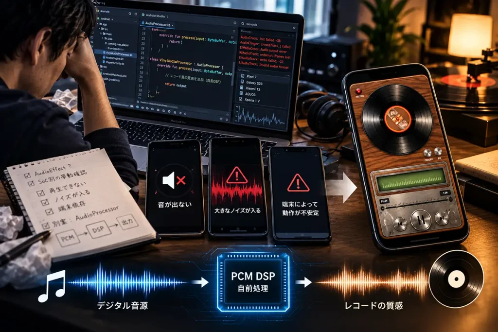 HG NASのレコードモード開発で端末ごとの音声トラブルを検証するイメージ